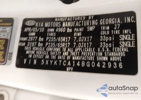 2011 Kia Sorento Lx from USA, damaged, VIN 5XYKTCA14BG042936